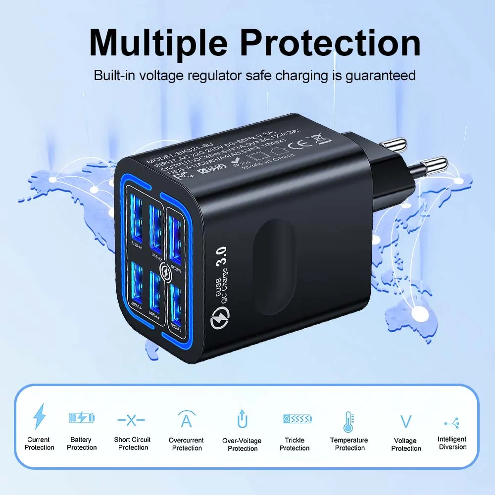 Insgesamt 100 W 6 Ports USB Ladegerät Schnellladung für iPhone 14 Samsung Xiaomi Handy Adapter EU US UK Stecker – Detail 4