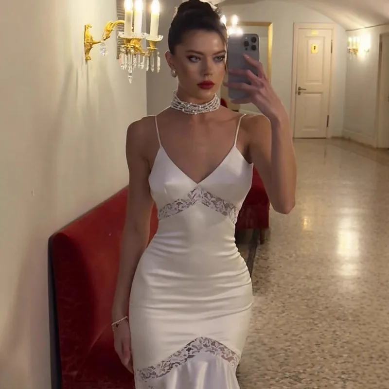 Tuularose ホワイトレースロングドレス女性のエレガントな V ネックレースパッチワークスリムホルタードレスファッション高級パーティーイブニングドレス