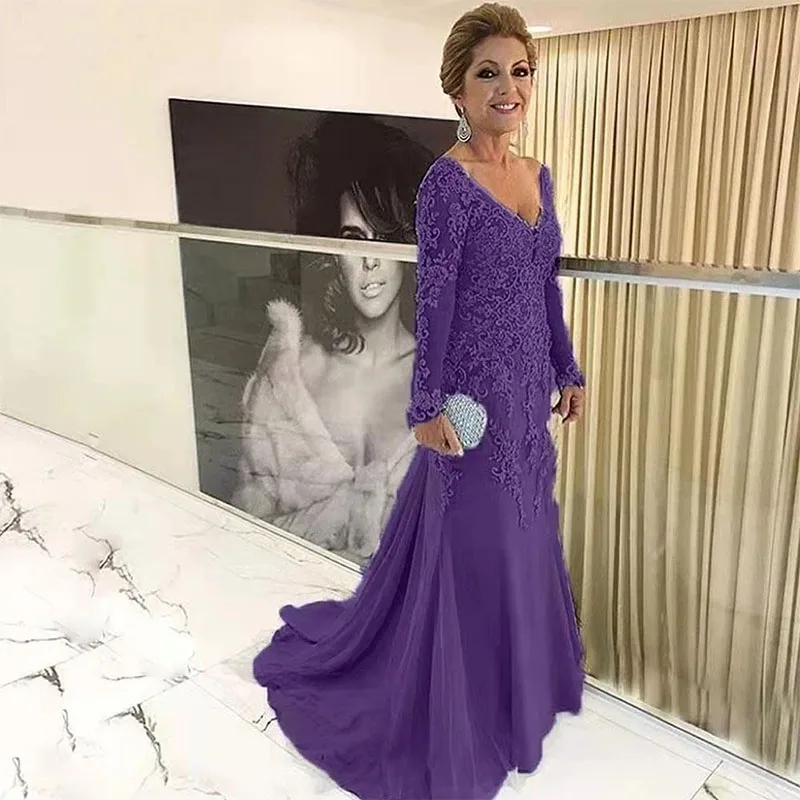 Vestidos Elegantes de encaje con cuello en V para madre de la novia, apliques de manga larga de sirena, vestidos de madre elegantes para boda,