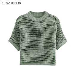 KEYANKETIAN 2024 New Launch Women's Short Sleeve Hollow out Knitwear Summer Simply Leisure Light Green Pullover Thin Knitted Top