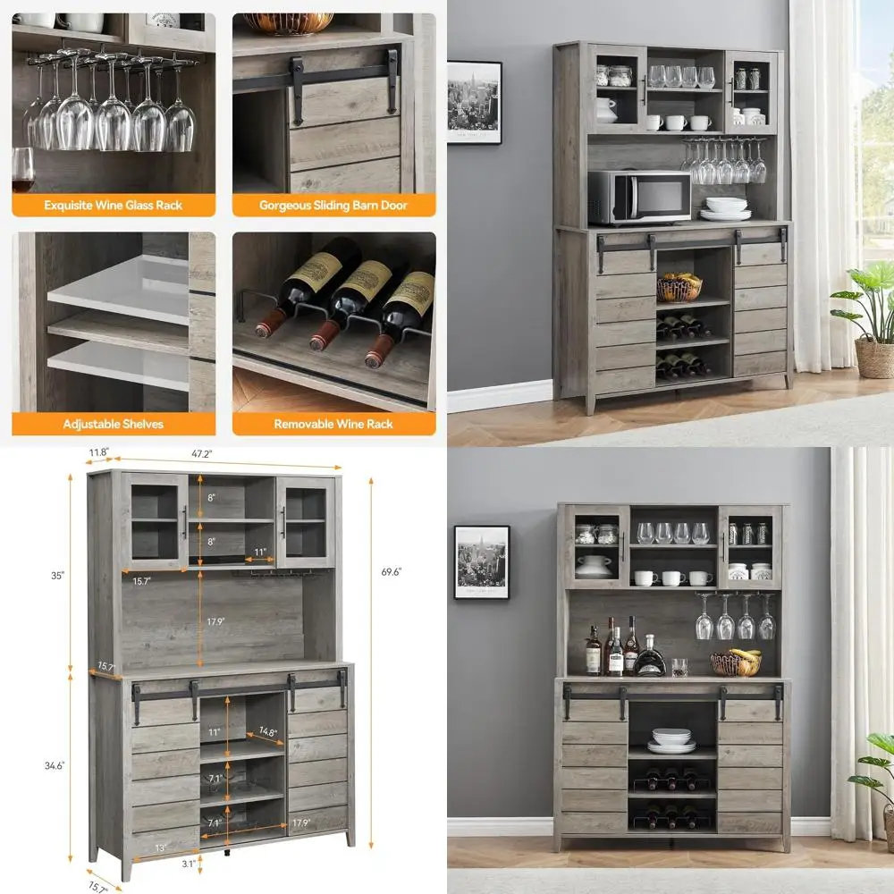 

Высокий кофейный барный шкаф в стиле фермерского дома, 70 дюймов, кухонный буфет для хранения с раздвижной дверцей в стиле амбарных дверей, высокий сервант с винной полкой, стеклянная дверца