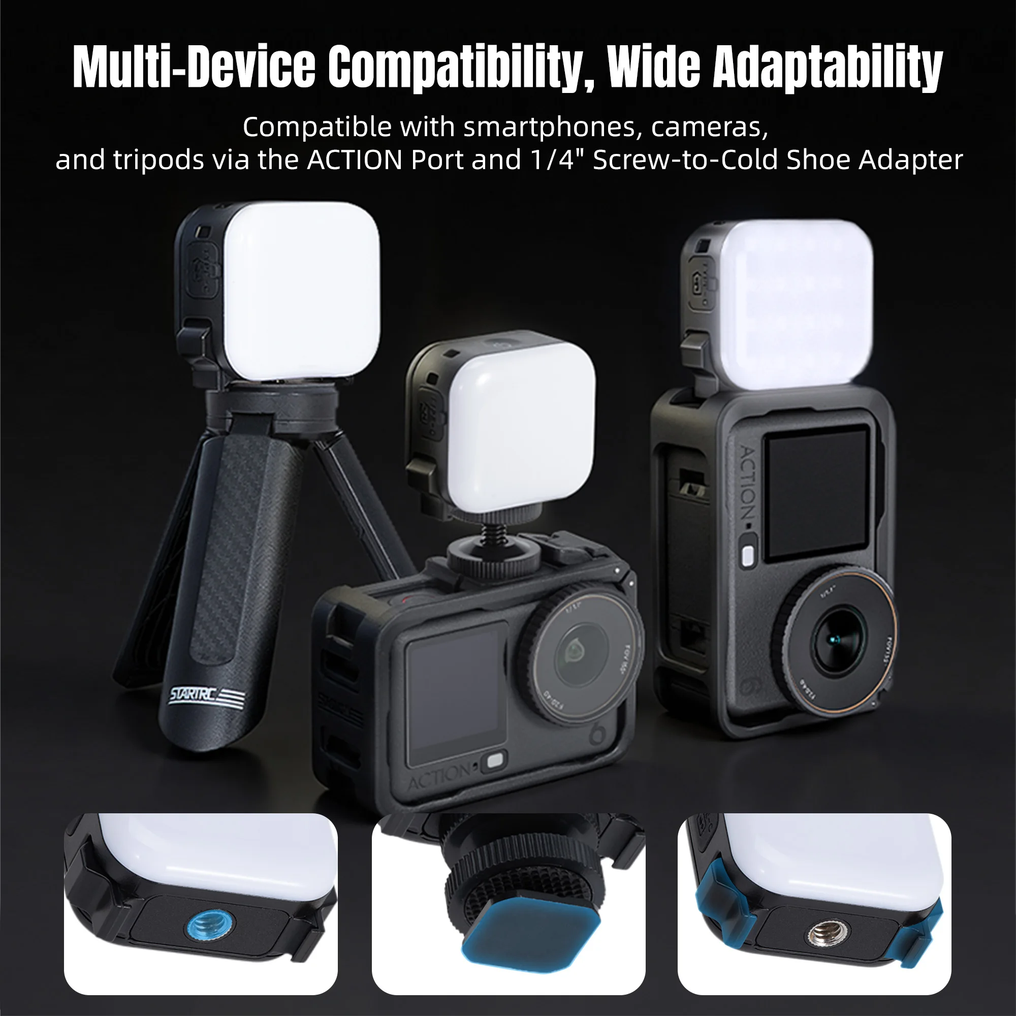Square Selfie Light 4Color Options For DJI Action 6/Nano/360 Quick Release Magnetic 7500K Fill Light, 1/4 Screw Expand Accessory