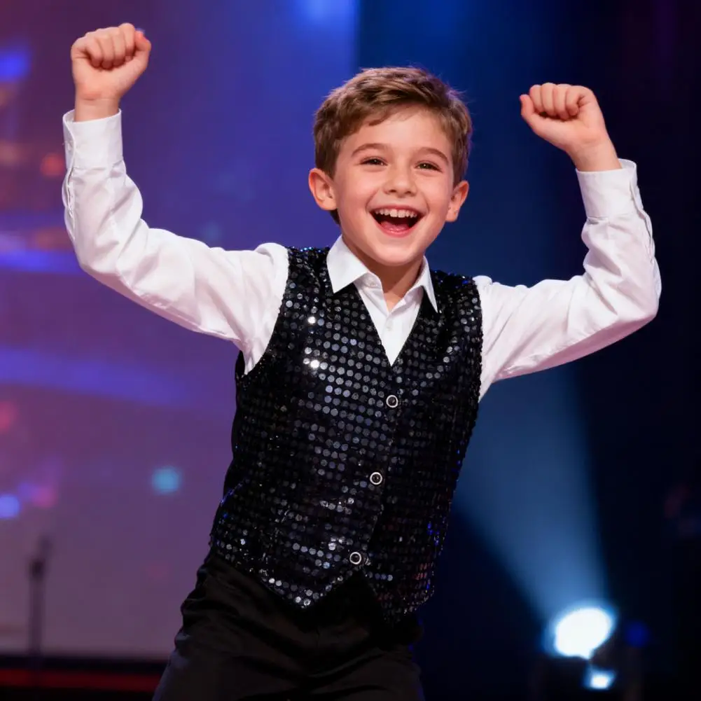 Children's Sequin Vest for Boys Stage Performance Costume Kids Hip-hop Jazz Dance Waistcoat Loose Vest for Parties Performances