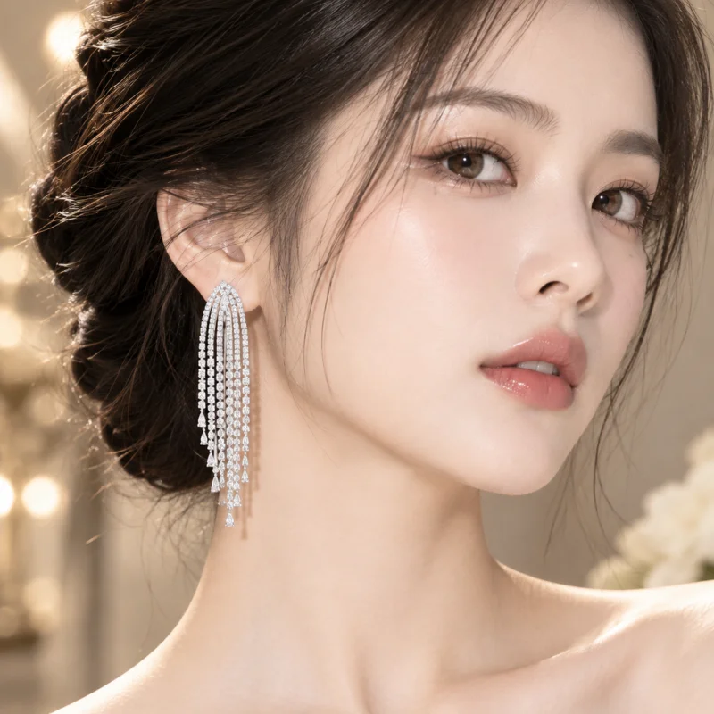 Bellux Luxury Multi-layer Sparking CZ Tassel Waterfall Earrings Women 925 Silver Long Drop Dangle Earrings Wedding Party Jewelry