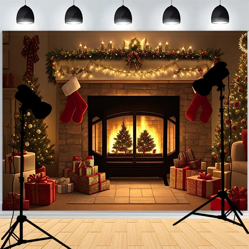 Interior Christmas Day Wreach Window Photography Backdrops New Year Living Room Fireplace Holiday Party Photo Background DD-28