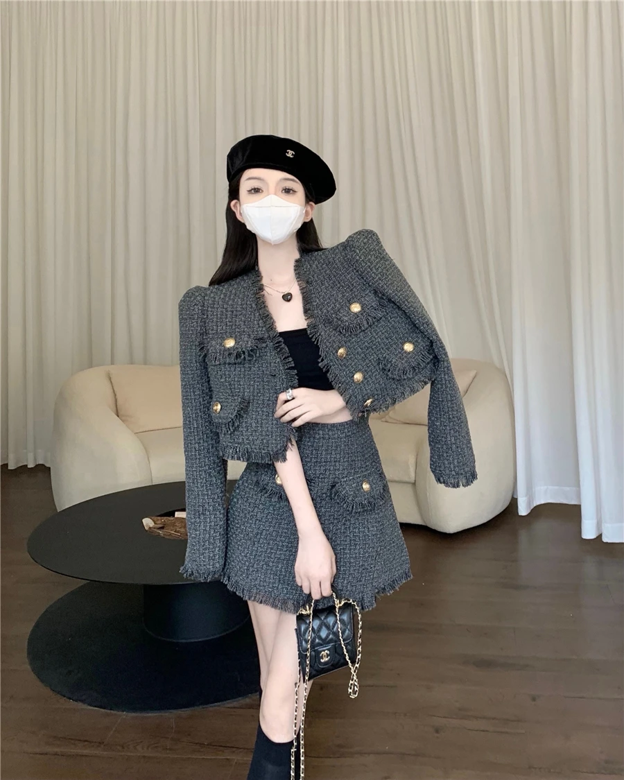 New Autumn Temperament Korean Fashion Small Fragrance Tweed Long Sleeve V Neck Jacket + High Waist A Line Skirt Two Piece Set