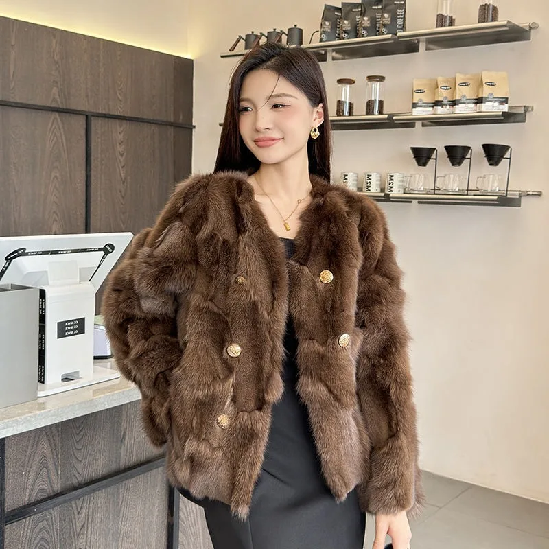 

2026 Fashion Autumn Winter Fox Fur Coat Women's Short Jacket V-neck Streetwear Lady Double-faced Fur Outerwear High Quality Tops
