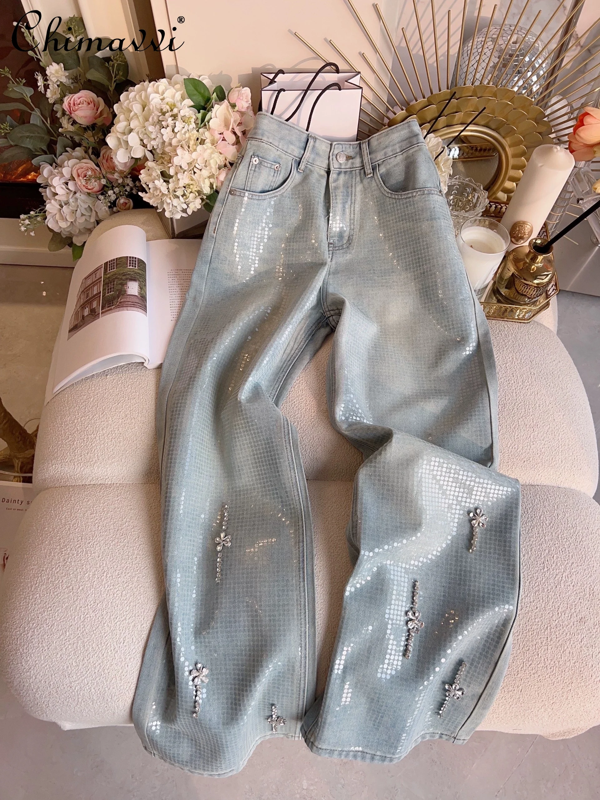 Retro Washed Jeans for Women 2024 Spring New Exquisite Rhinestone High Waist Slim Elegant Leisure Rhinestone Straight-Leg Pants