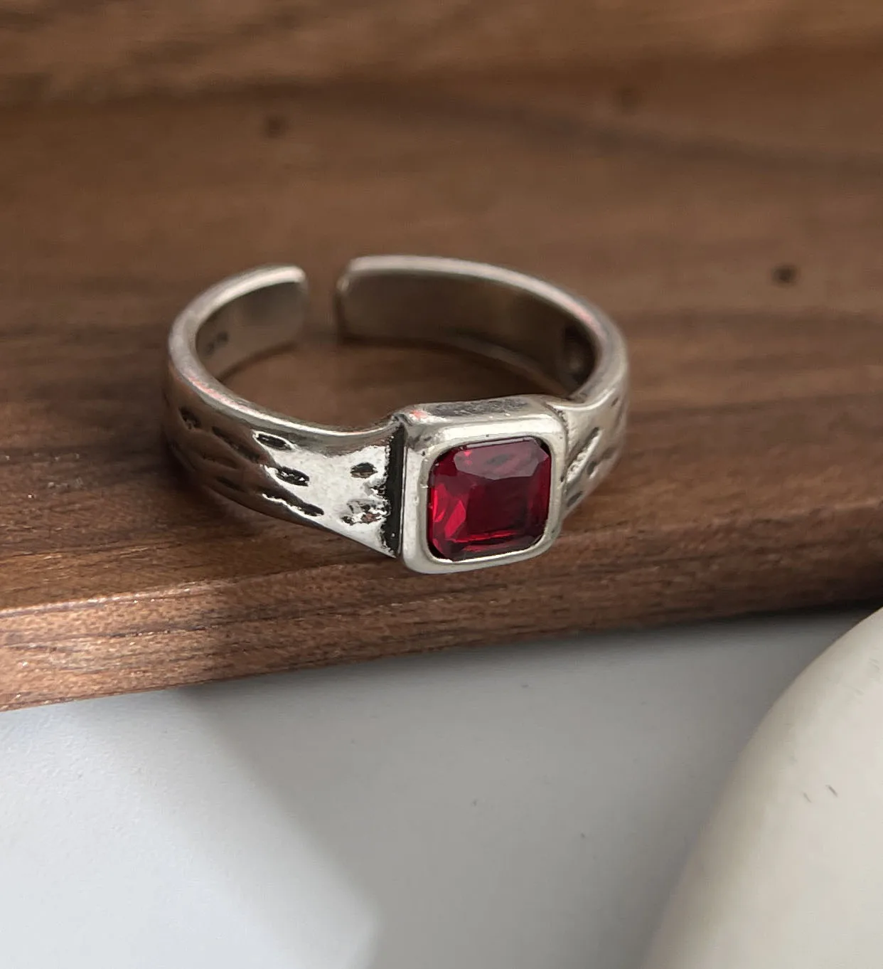 Women's 925 Sterling Silver Minimalist Red Stone Ring, Handmade Gift