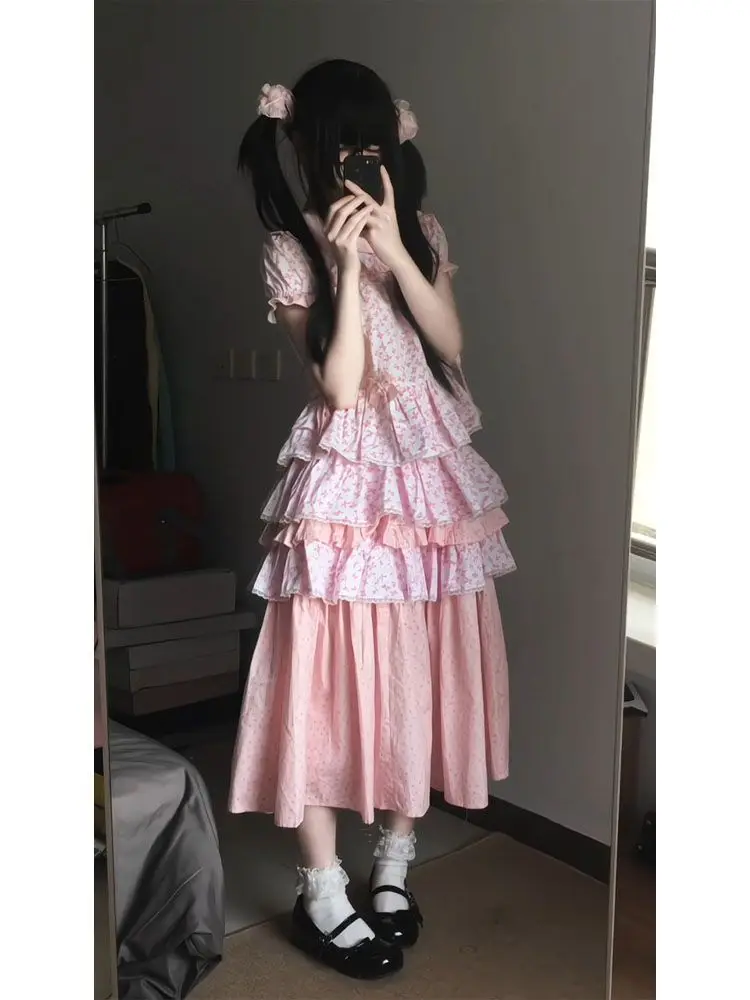 NONSAR Summer Japanese Vintage Pink Skirts Set Women Lolita Cute Sweet Floral Doll Collar Short Puff Sleeve Shirt Y2k Dot Skirt