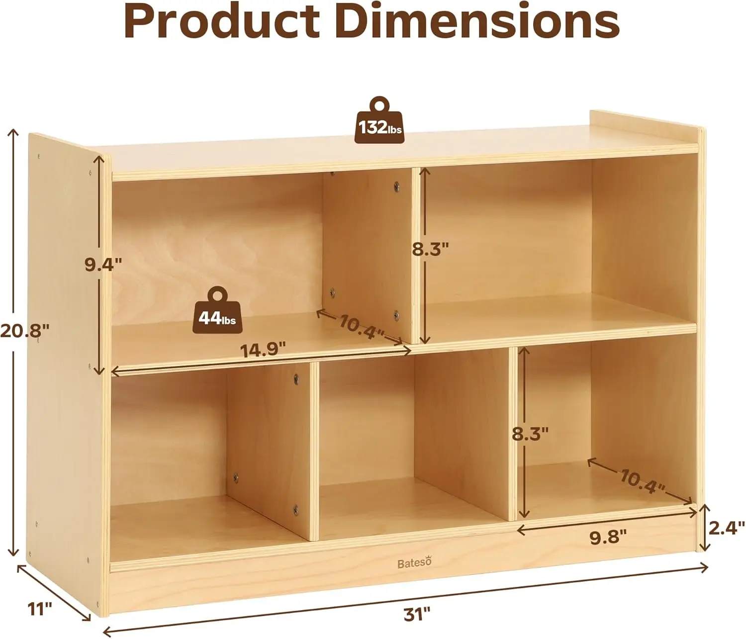 Toy Storage Organizer for Kids, 5-Compartment Wooden Toy Storage Cabinet, Montessori Bookshelf for Books & Toys, 2-Tier Kids Boo