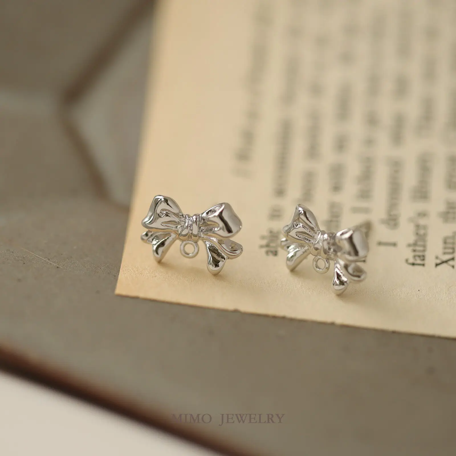 Copper Plated Real Gold Glossy Ribbon Bow Silver Needle Stud Earrings DIY Handmade Accessories