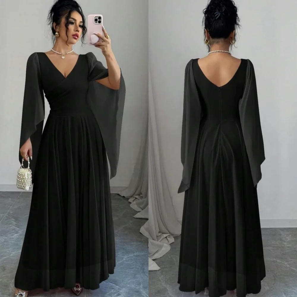 

Customized Delicate Black Chiffon Evening Dress Temperament V-Neck Flare Sleeves Long Sleeves Zipper Back Homecoming Dress