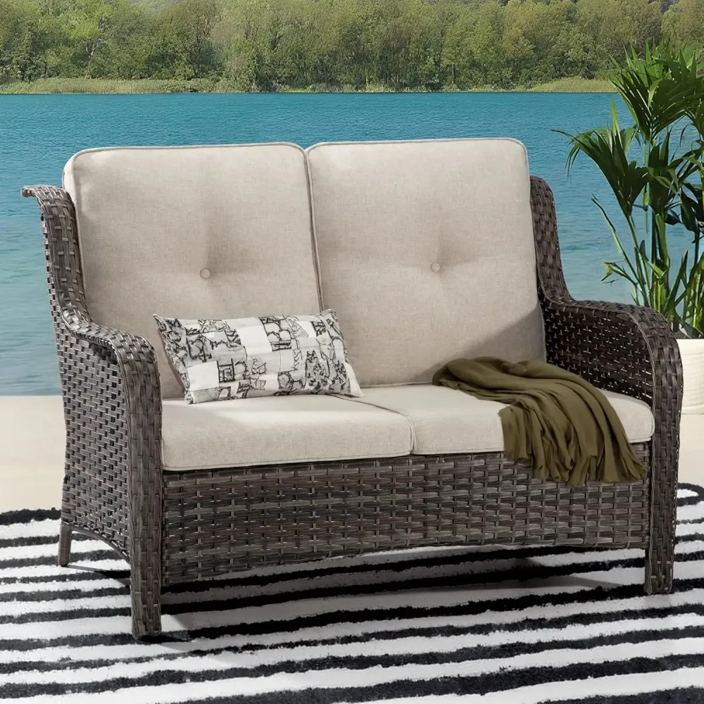 Pátio Loveseat Sofá, sofá de vime ao ar livre, 2-Seater Móveis com Costas Altas e Olefin Almofadas, Bege, 33 "D x 49" W x 34 "H