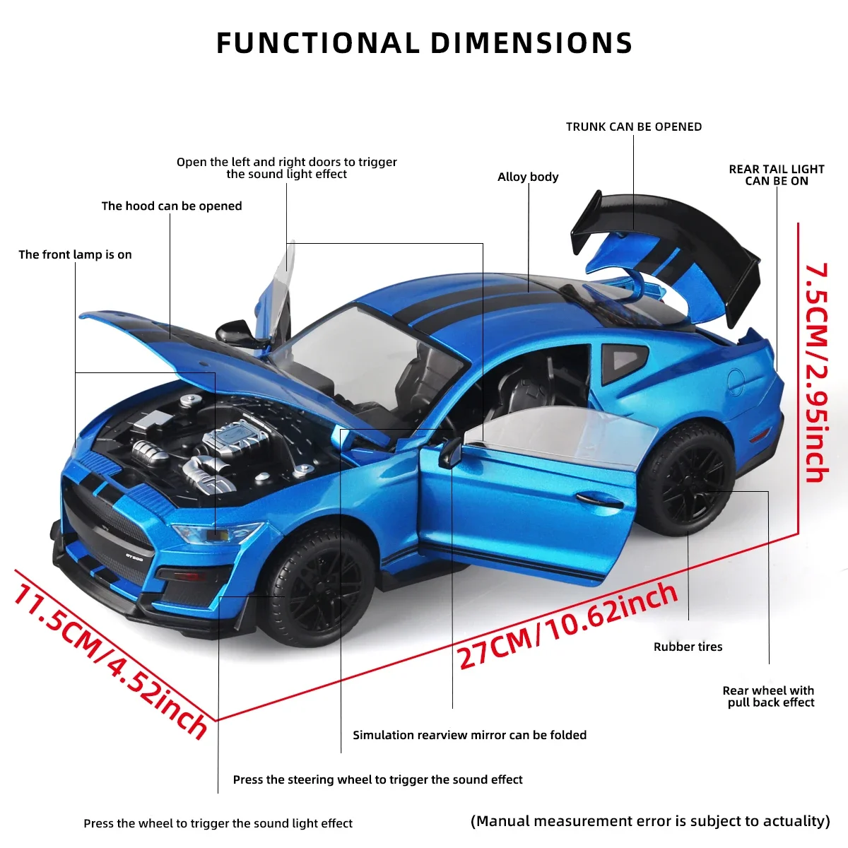 Large 1:18 Ford Mustang GT500 Miniatures Alloy Diecast Metal Vehicle Model Desk Desktop Collection Decorative Hobby Ornaments