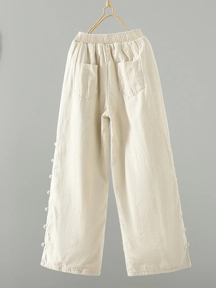 Thiened 리넨 코튼 팬츠 여성용 겨울 캐주얼 스트레이트 레그 따뜻한 스포츠웨어 아우터웨어 하이 웨이스트 롱 트라우저