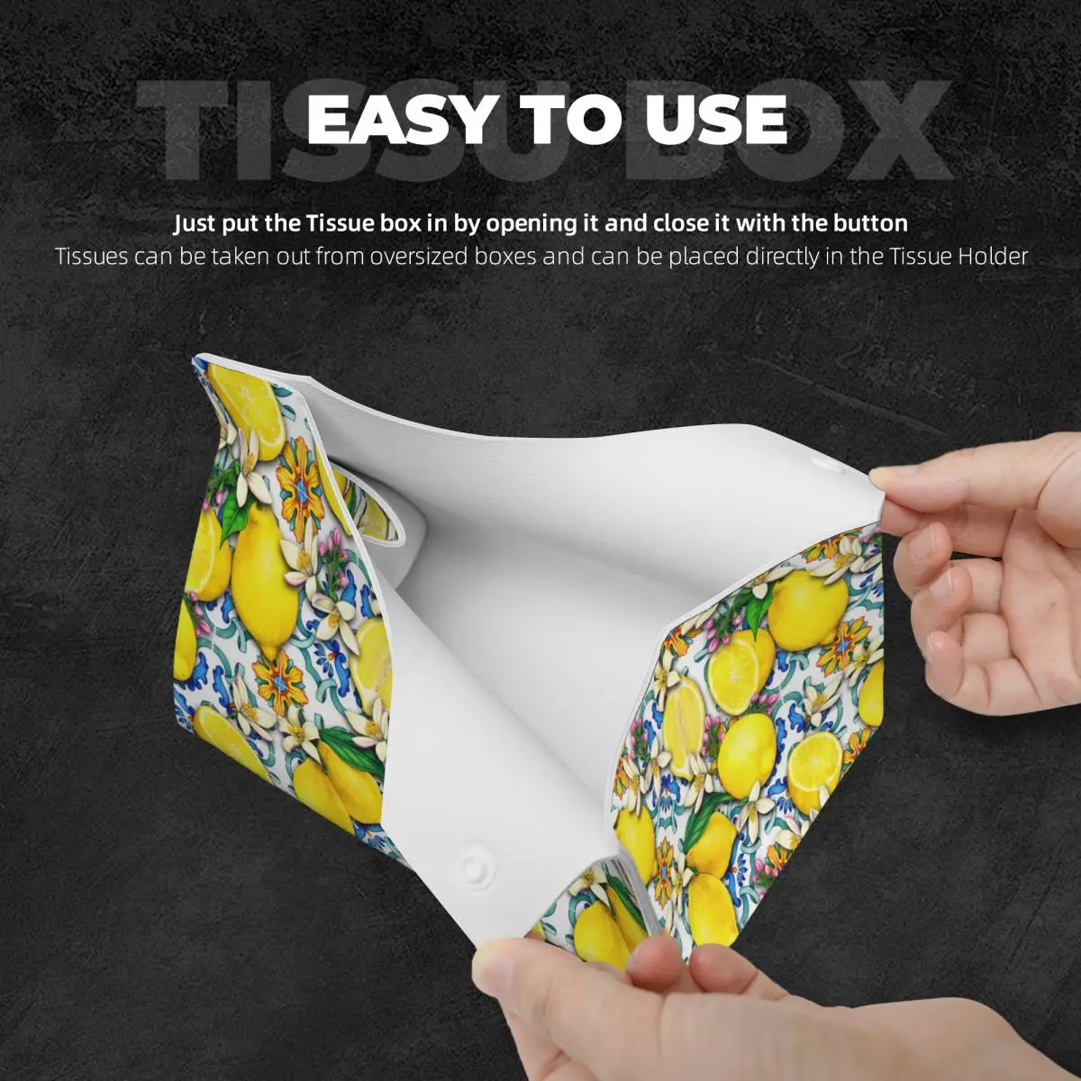 Custom Mediterranean Lemons Tiles Tissue Box Cover PU Leather Rectangular Facial Tissue Box Holder for Bathroom Home