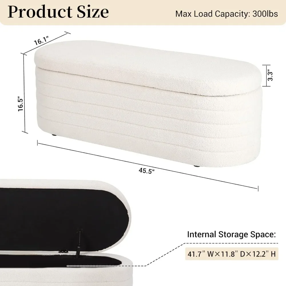 45.5" Teddy Sherpa Storage Ottoman Bench, Upholstered Fabric | Modern White Bedroom End-of-Bed Design with Safety Hinge