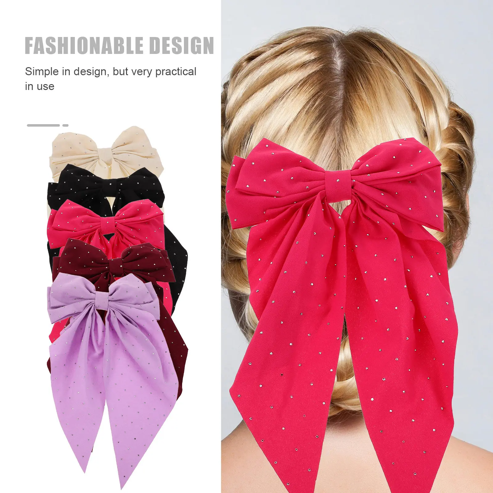 5Pcs Vintage Rhinestone Bow Hair Clips Women Rose Red Black Wine Purple Beige Elegant Satin Bowknot Claw Clips Sparkly