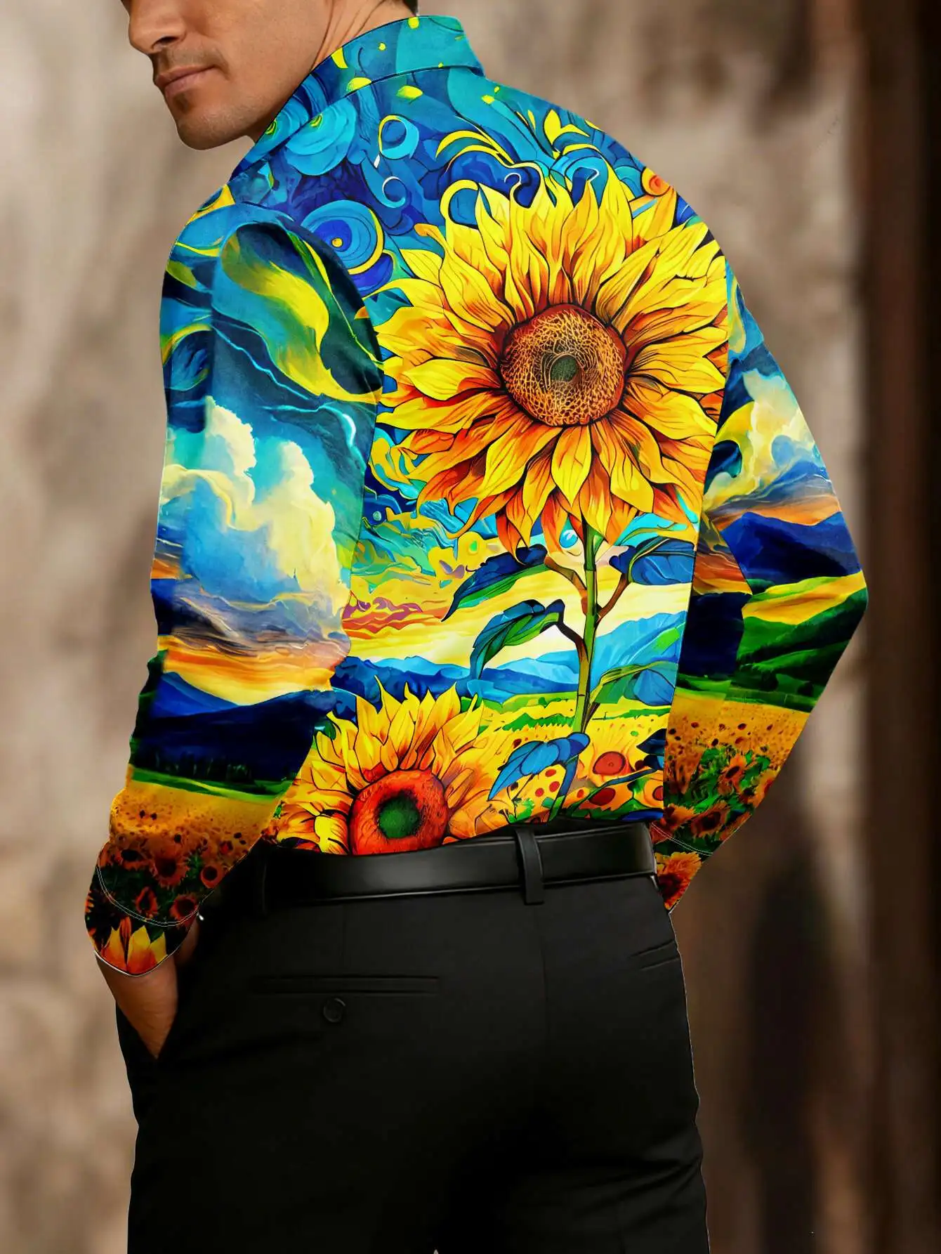 Men Long Sleeve Button Down Shirt Sunflower Field Oil Painting Print Polyester Lapel Collar Casual Party