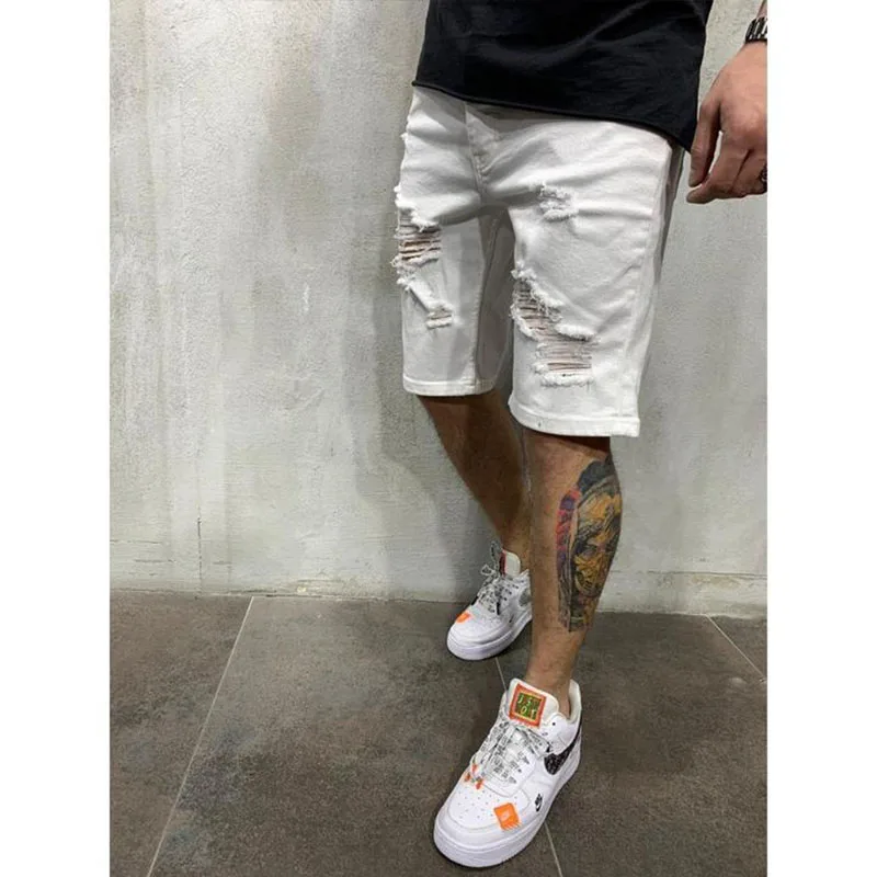 2023 Summer Ripped Shorts Jeans Men Denim Pants Stretch White Fashion Design Men's Jeans Streetwear Slim Male Short Jeans Hombre