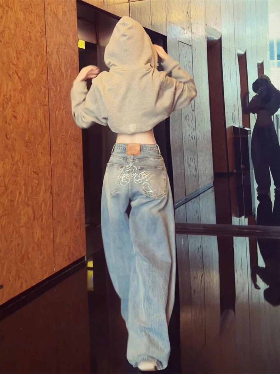 

Retro Waed High Waist Straight Leg Jeans Women's Autumn New Sle Casual Cotton Denim Skinnifng Wide Leg Pants