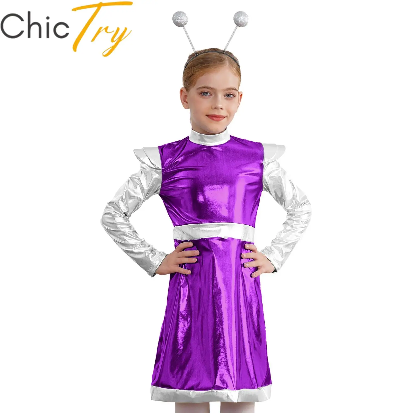 

Kids Girls Halloween Alien Costume Outer Space Cosplay Party Dress with Hair Hoop Set Carnival Roleplay Performance Dress Up