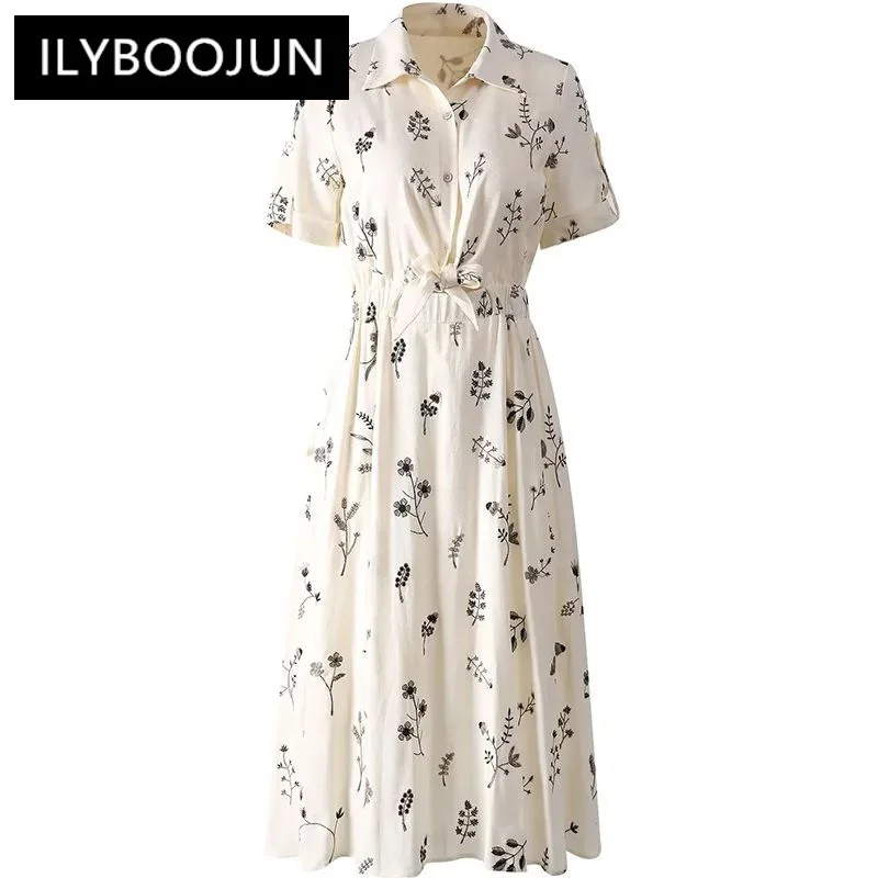 

ILYBOOJUN Elegant Casual Holiday Women's Dress Summer Turn-Down Collar Elastic Waist Lace-Up Embroidery Linen Dresses