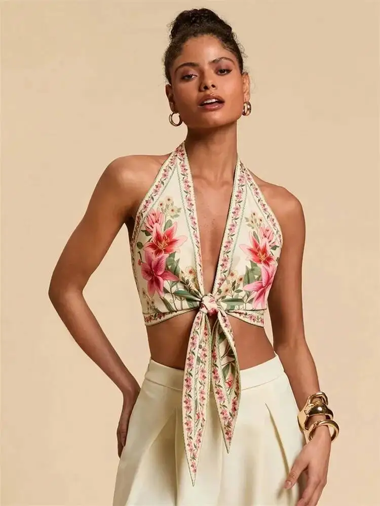 Sexy nó frente halter colheita para mulheres verão sem mangas gráfico floral impresso decote em v sem costas regata y k roupas