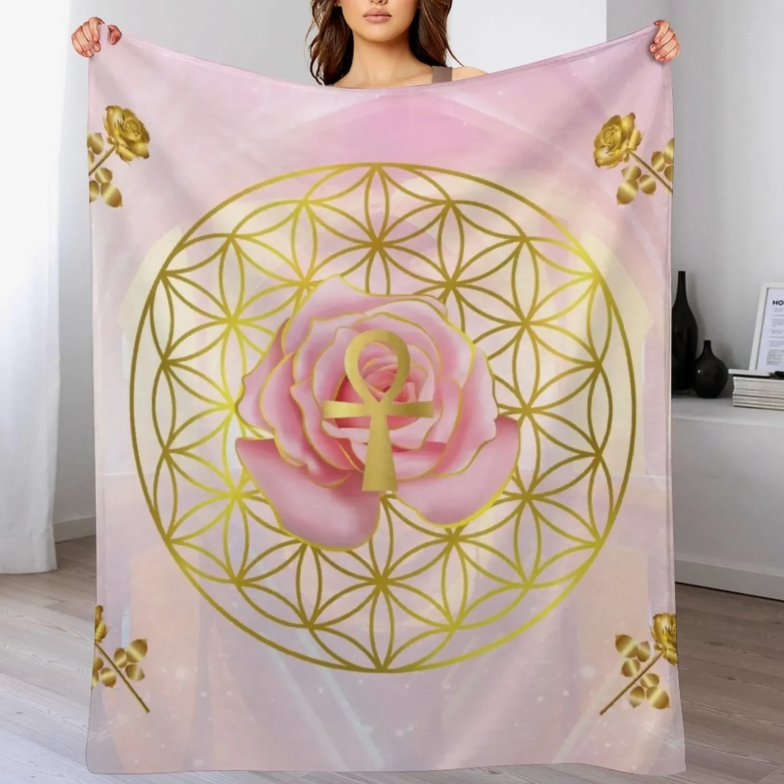 Rose Flower of Life Ankh โยนผ้าห่มของขวัญตลกอบอุ่นสําหรับฤดูหนาวผ้าห่มยัดไส้