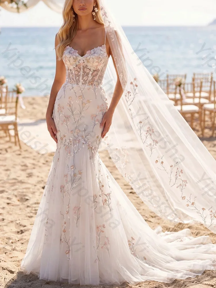 Customized White Pink Flower Mermaid Corset Sweep Train Wedding Dresses Sexy Backless Evening Dress High Quality Prom Party Gown