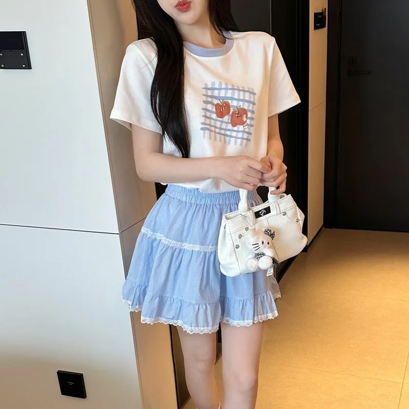 

Casual Suit Women's Summer O-neck T-shirt Top High Waist A-line Lace Short Skirt Two-piece Set Fashion Female Clothes