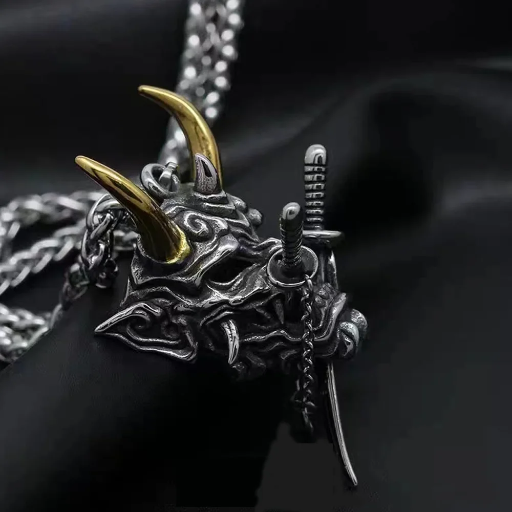 Japanese Ghost Samurai Mask Necklace Pendant Men's Creative Trend of Domineering Hip-hop Retro Double Sword Punk Fashion Pendant view 3