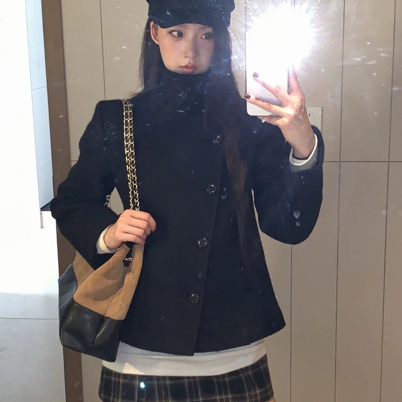 New Korea Chic Warm Thicked Woolen Coat Premium Short Stand Collar Slim Blends High Street Minority Vintage Moda Jackets