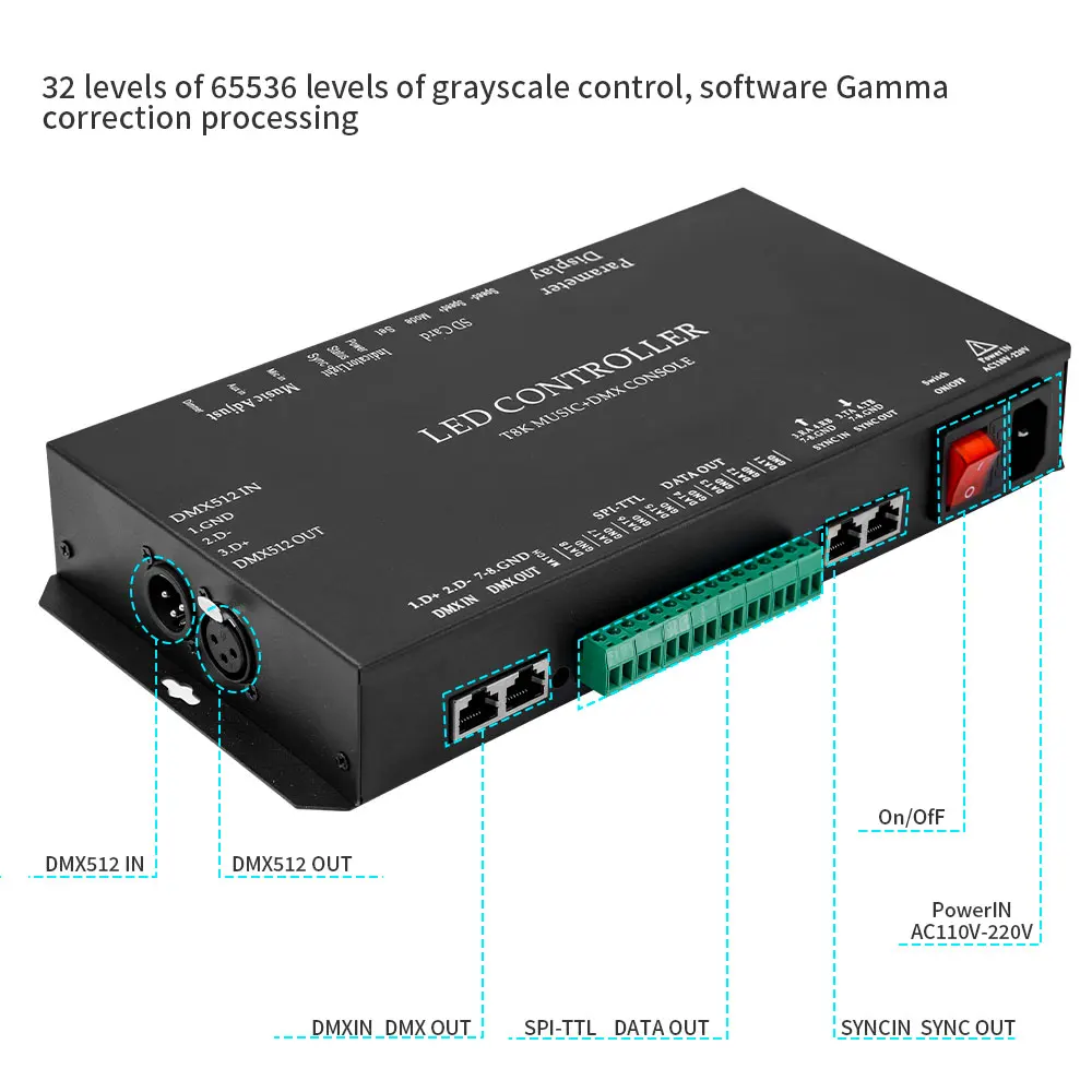 T8K Music+DMX Console WS2812B WS2811 Pixels LED Strip Controller 8Channels Port With Mic in/Aux in Control WS2813 WS2815 Lights