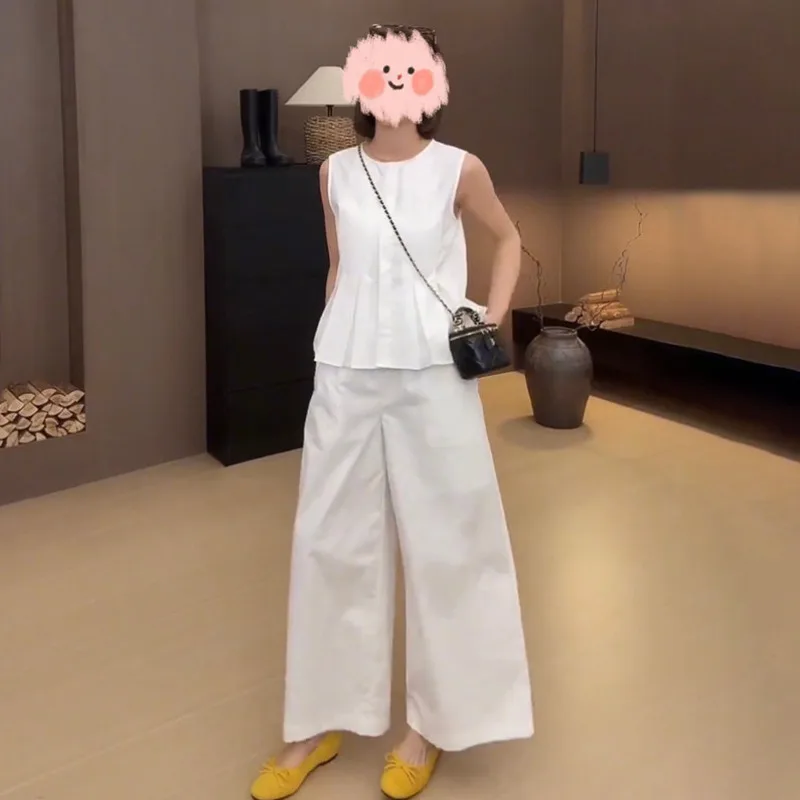 New Summer Fashion Casual Women's Two Piece Set O-Neck Sleeveless Single Breasted Pleated Vest + High Waist Wide Leg Pants Suit