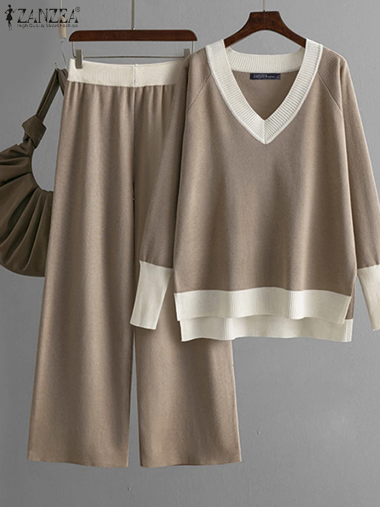 Ensemble pantalon grande taille ZANZEA femmes automne tricoté mode Colorblock tenues deux pièces costumes décontracté pantalon ample ensembles Vintage 2 pièces