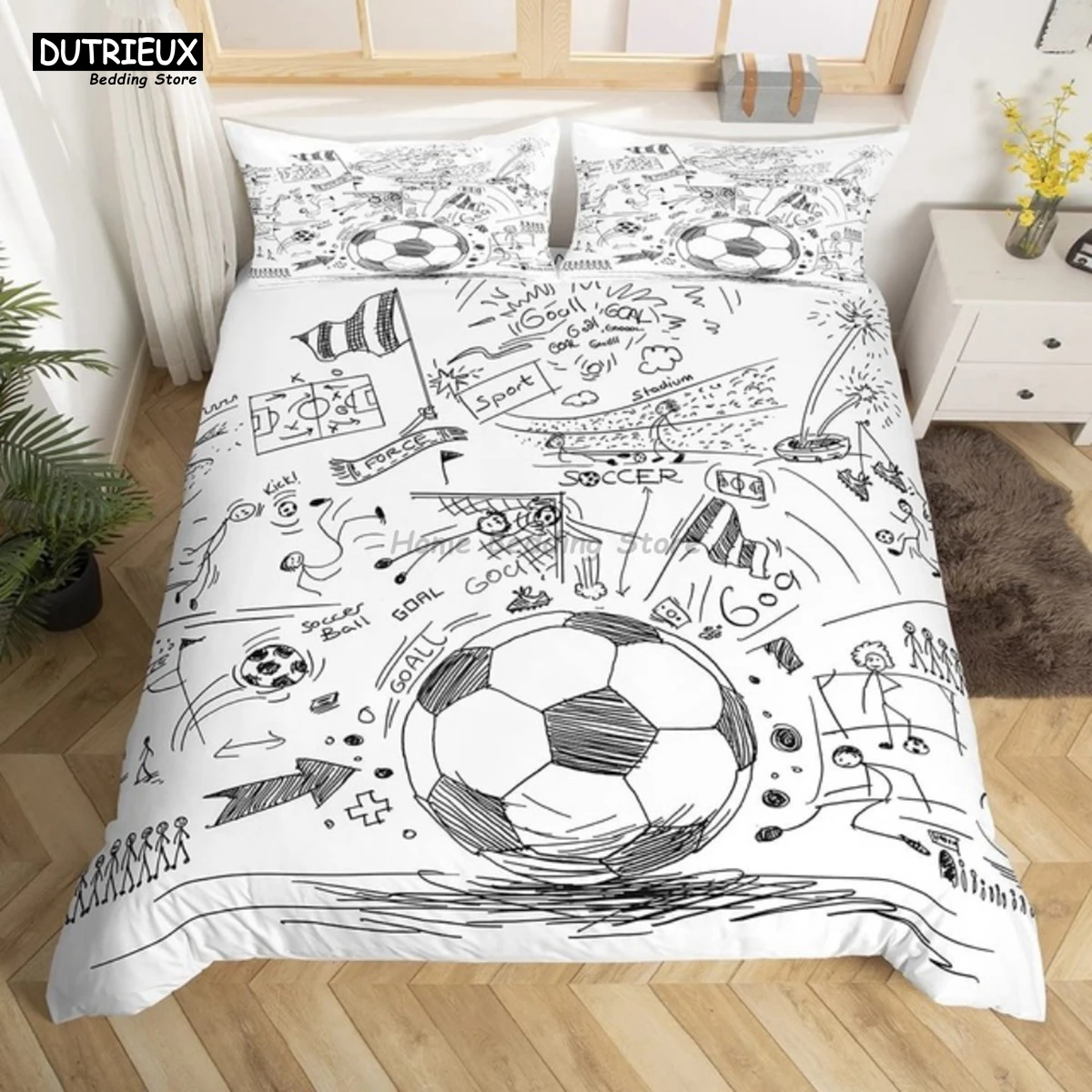 

White Black Football Bedding Set Ball Sports Bed Linen Double Queen King Twin Full Size Boys Teens Soccer Duvet Cover Set Gifts