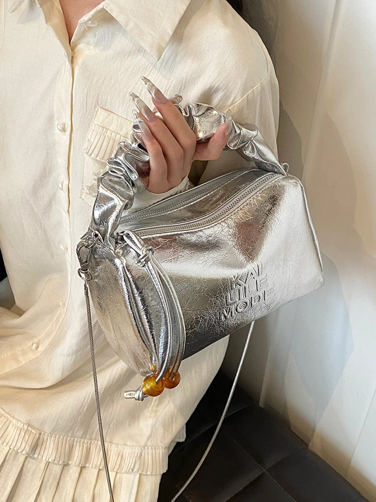 Shiny Silver Handbag For Women 2024 New Trendy  Versatile Chain Crossbody Bag Soft Face PU Tassel Square Bag Elegant Party Bag