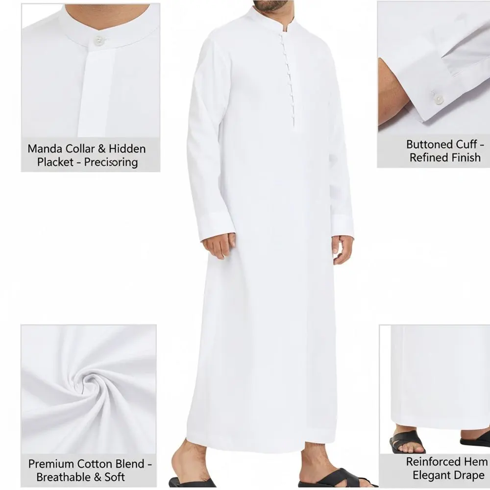 رداء إسلامي للرجال، صورة ظلية فضفاضة بياقة واقفة ورقبة دائرية، ملابس تقليدية عربية كلاسيكية في الشرق الأوسط للارتداء اليومي