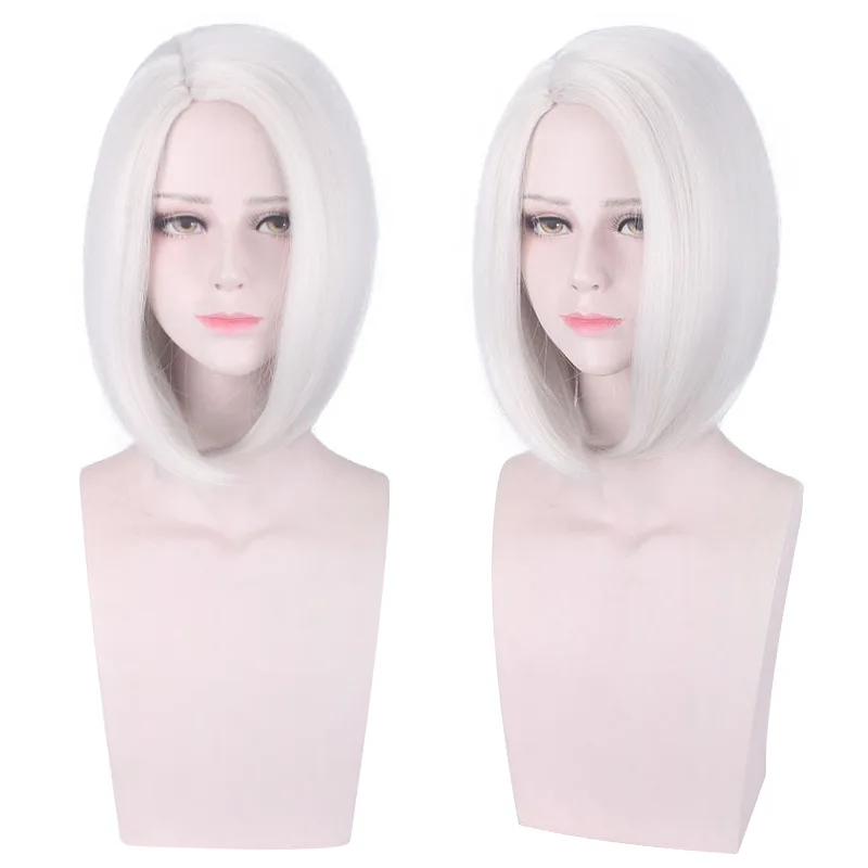 

Synthetic Cosplay Wig Silver White Short Layered Anime Style Hairpiece with Scalp Top for Costume Halloween Party