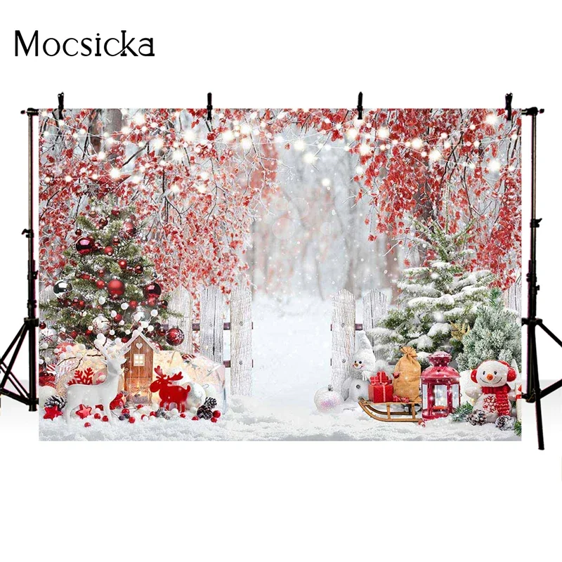 Mocsicka Christmas Tree Background Photography Winter Forest Snow Fence Decoration Child Portrait Photo Backdrops Outdoor Studio