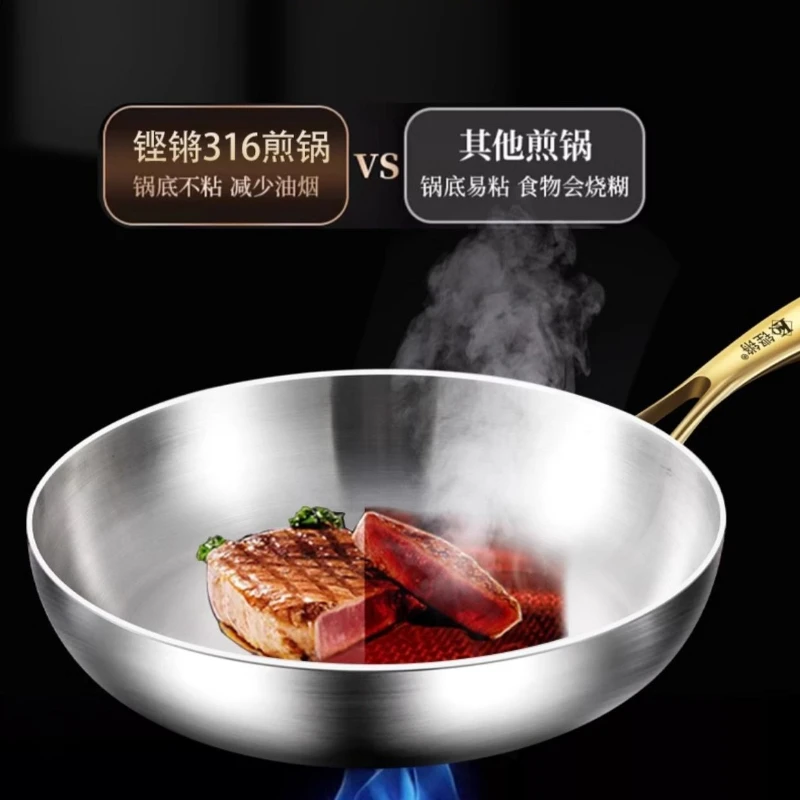 

316 Stainless Steel Non-Stick Uncoated Frying Pan - Household Omelette Steak Pan for Gas & Induction Universal