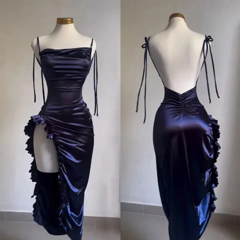 Robe de soirée longue en satin pour femmes, vintage, dos nu, sans bretelles, à volants, fourche, club, élégante, sexy, éducative