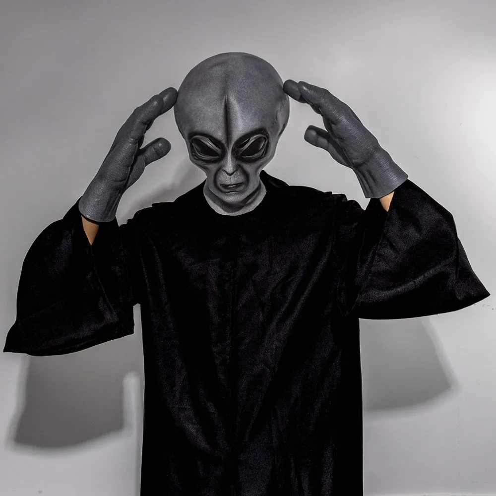 Masque extraterrestre OVNI, 51 zones, gants, cosplay, corps extraterrestre, monstre, crâne, casque en latex, mains, accessoires de costume de fête d'Halloween