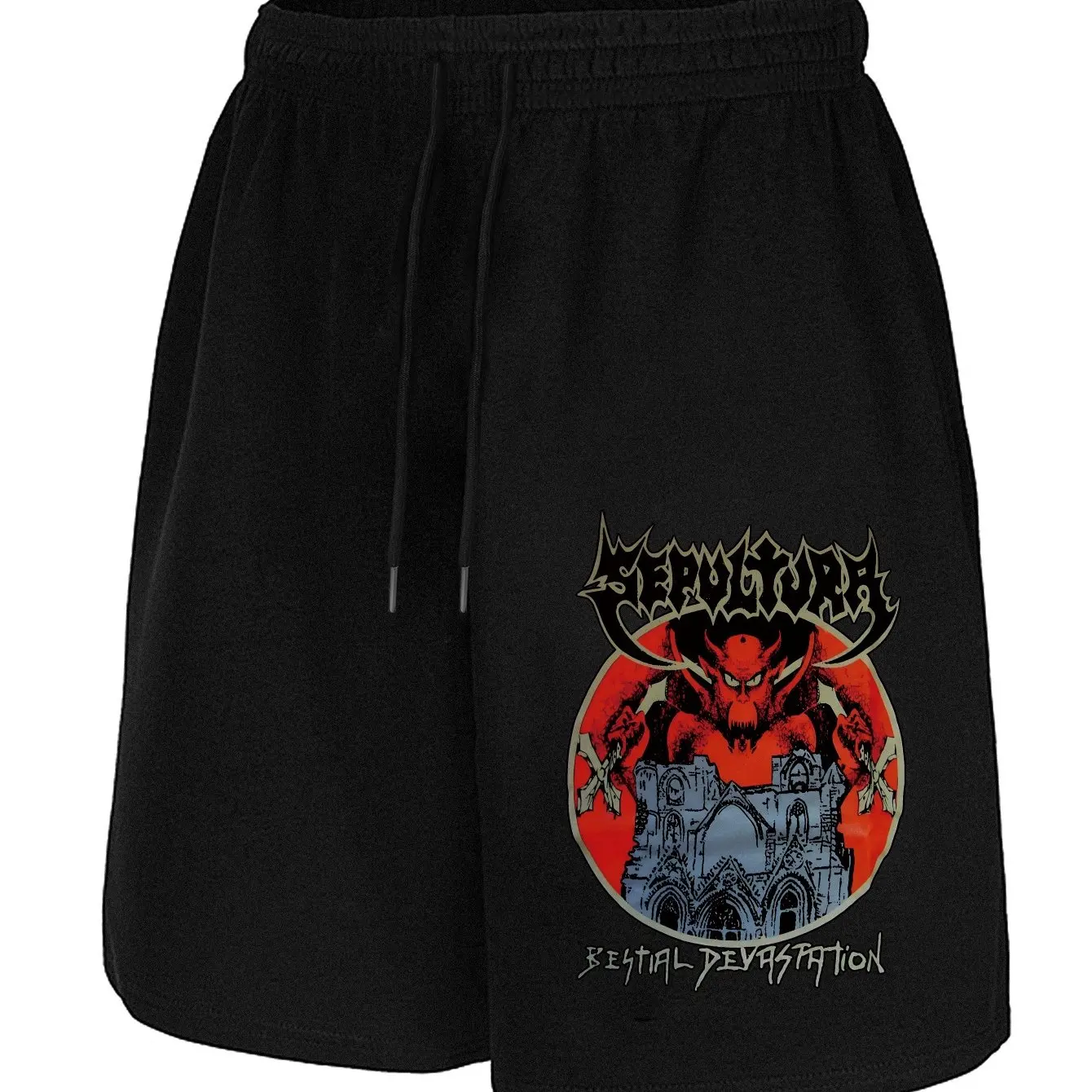 

Men'S Gothic Horror Shorts - Black Casual Shorts Featuring A Red Demon Church Design, with An Adjustable Drawstring