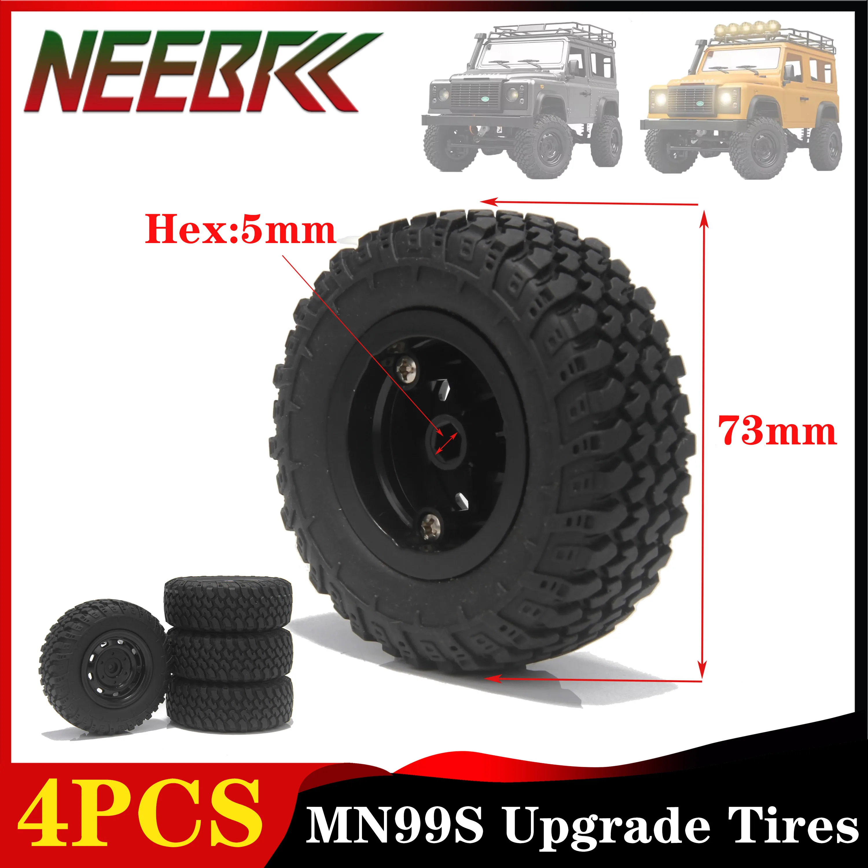 4PCS 5mm Hex MN99S Rubber Tires 73mm RC Off Road Skidproof Wheel for MN98 MN82 WPL C24-1 B36 D12 C64 D74-1 RC Car Upgrade Parts