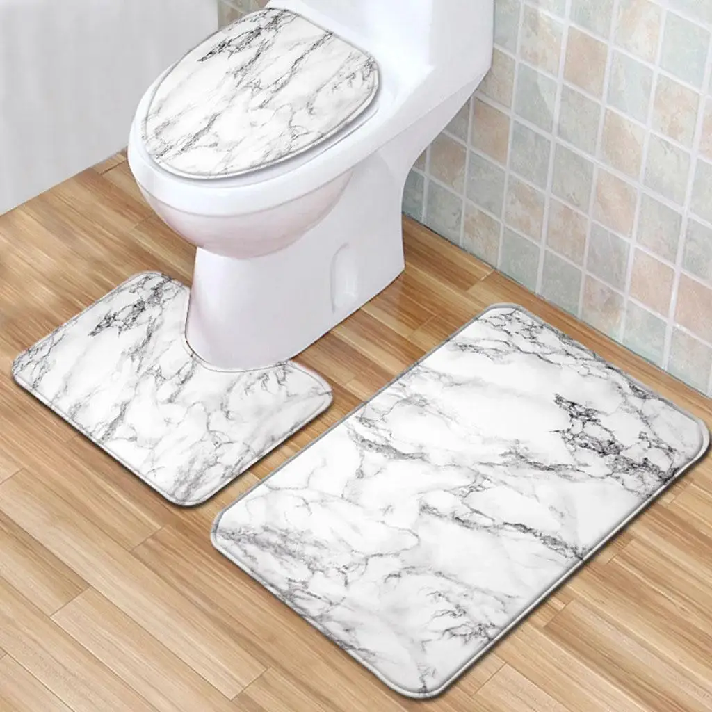 Marble Print Bathroom 3piece Set Nonslip Absorbent Bathroom Floor Mat Carpet Absorbent Shower Mat and Ushaped Carpet