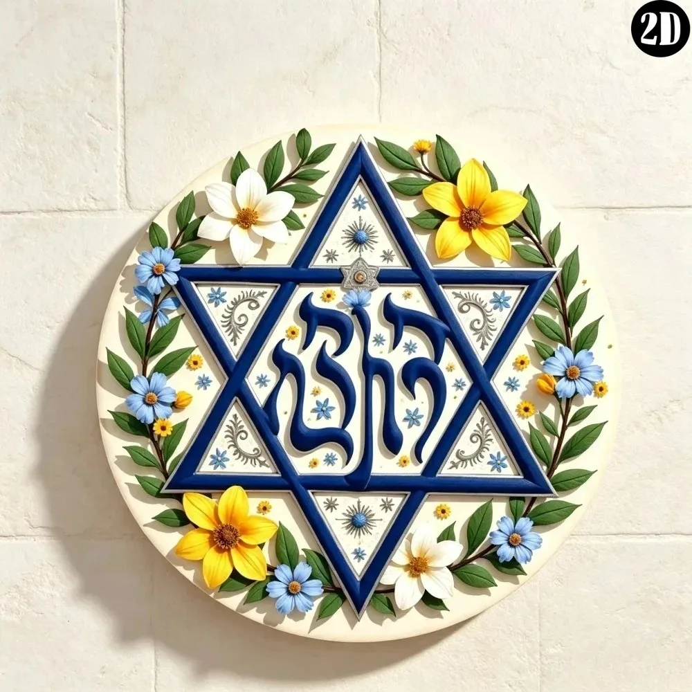 CIFBUY Vintage Floral Star of David Aluminum Wall Art Waterproof Metal Sign Hebrew Round Decor for Kitchen Living Room Home