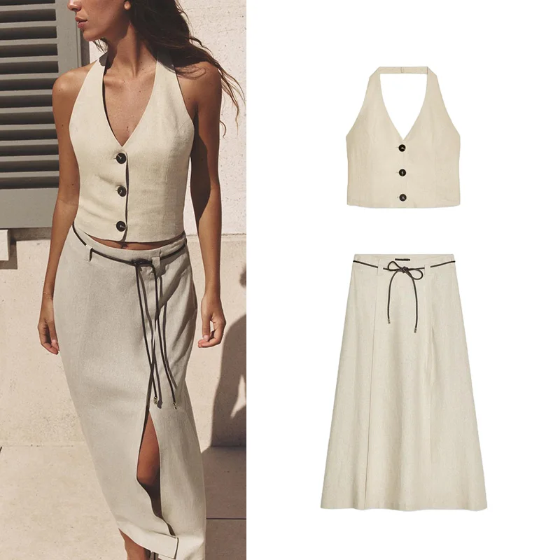 Casual Lin Blend Svel V-Ne Top with  Knot Decor Midi Skirt Two-Piece Set Ele Sle for Women Spring Summ...